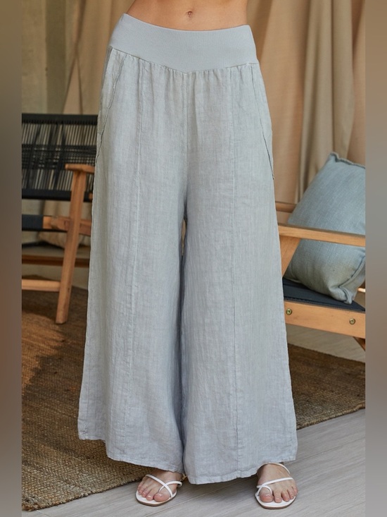 Milio Milano Pants - (18931-PRLGRY)  LINEN SEAM STITCH DETAIL WIDE LEG PANTS